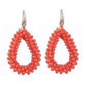 Tibri 538 - Oranje druppel oorbellen - Drop earrings - goudkleurige pin - Oorbellen met oranje kralen - Dames oorbellen