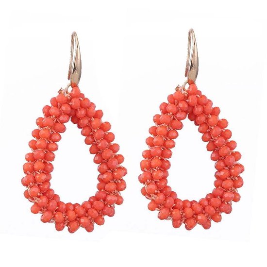 Tibri 538 - Oranje druppel oorbellen - Drop earrings - goudkleurige pin - Oorbellen met oranje kralen - Dames oorbellen - Tibri