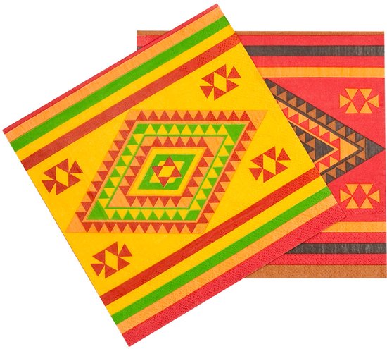 Twee papieren servetten met een Mexicaans patroon in rood, geel, groen en bruin.