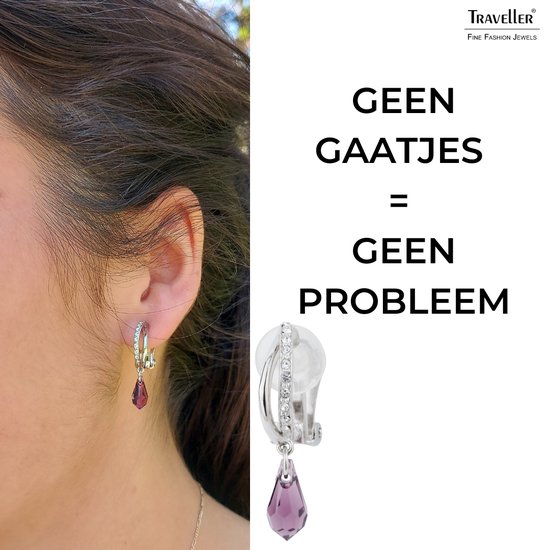 Clips oreilles Traveller - Gouttes - Suspendues - Cristaux Preciosa - Violet - Couleur argent - 157568