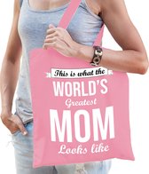 Sac cadeau fête des mères Bellatio Decorations - la plus grande maman du monde - rose - coton - 42 x 38 cm