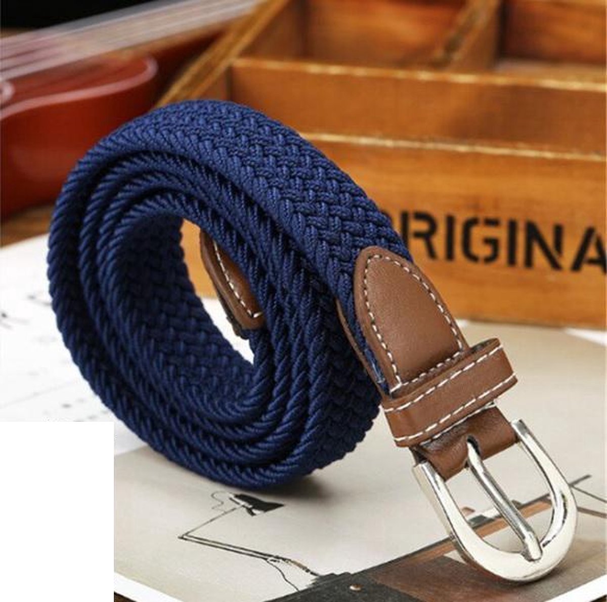 Riem - gevlochten - elastisch - blauw - Sorprese - comfort - 2,5 cm breed - 100-110 cm lang - unisex