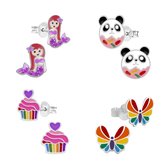 Kinderoorbellen, set van vier oorstekers van zeemeermin, panda donut, cupcake en vlinder | Oorbellen meisje