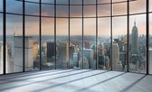 Fotobehang - Vlies Behang - 3D Uitzicht op New York Stad vanuit de Ramen van het Kantoor - 368 x 254 cm