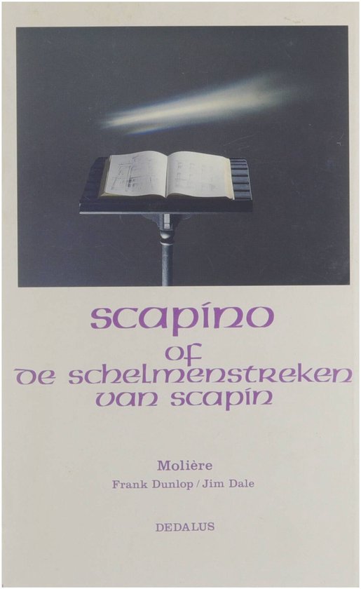 Een geopend boek met muzieknoten op een lessenaar, met de titel 'Scapino of de schelmenstreken van scapin'.