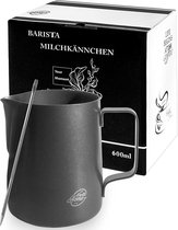 Barista RVS melkkan zwart antraciet 600 ml (ook 350 ml) met latte art pen / melkschuimkan in geschenkverpakking