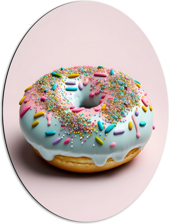 Dibond Ovaal - Donut met Blauwe Glazuur met Sprinkles tegen Lichroze Achtergrond - 51x68 cm Foto op Ovaal (Met Ophangsysteem)