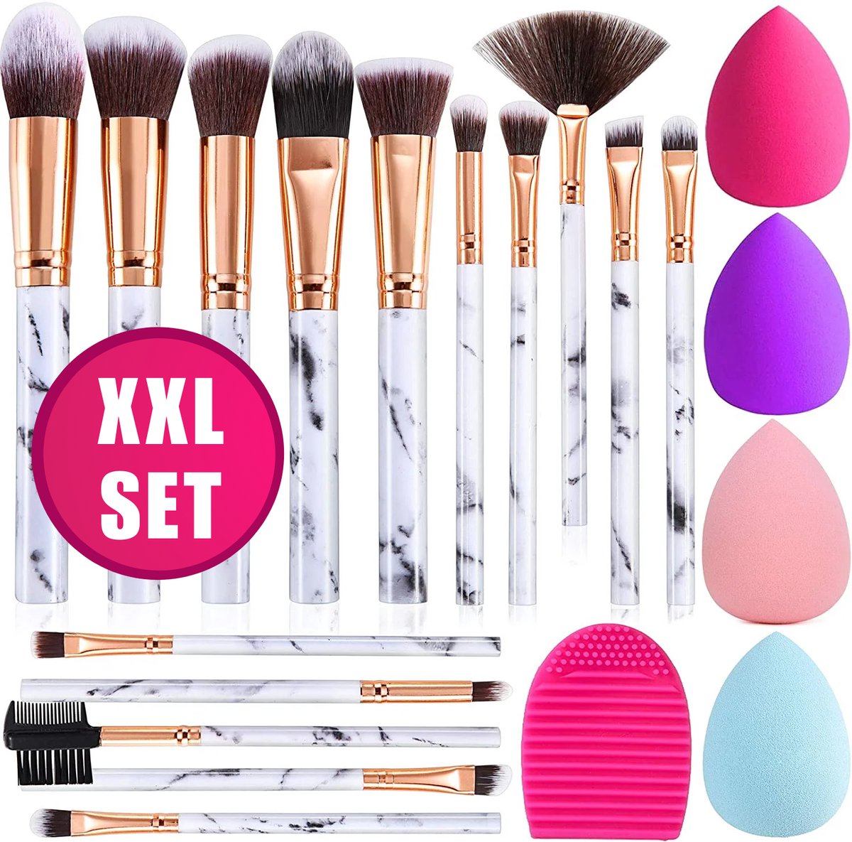 Renalux Luxe Make Up Kwasten Set 20 Delig + Beauty Blender Set - Limited Edition Marmeren Uitvoering - Inclusief Kwasten Reiniger - Make Up Spons Set - XXL Set 20-Delig