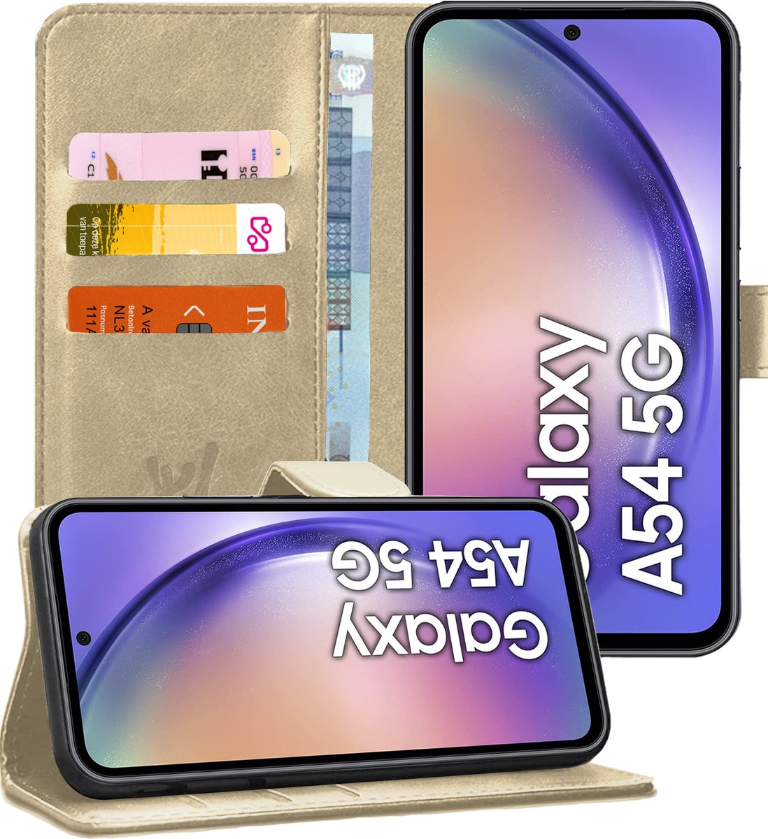 Hoesje geschikt voor Samsung Galaxy A54 - Book Case Kunstleer Pasjeshouder Goud