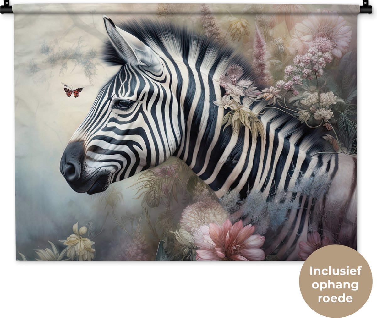 Wandkleed - Wanddoek - Zebra - Wilde dieren - Vlinder - Bloemen - 90x67.5 cm - Wandtapijt