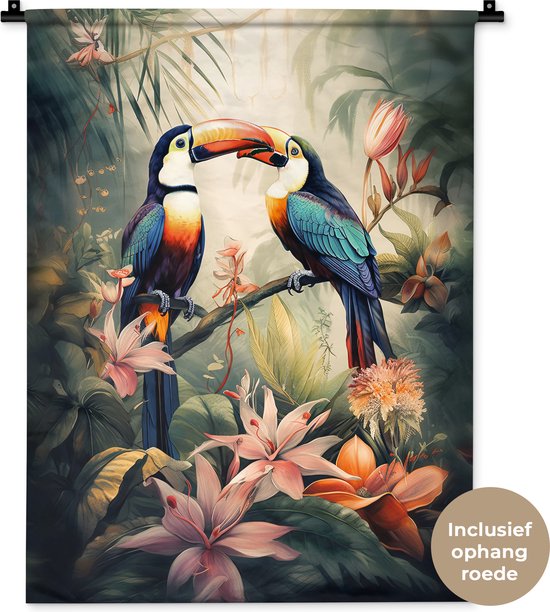 Wandkleed - Wanddoek - Toekan - Vogels - Bloemen - Natuur - Jungle - 60x80 cm - Wandtapijt