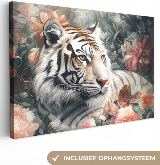 Canvas schilderij - Tijger met bloemen 90x60 - Kamer decoratie accessoires - Schilderijen woonkamer - Wanddecoratie dieren portret slaapkamer - Muurdecoratie keuken - Wanddoek interieur binnen - Woondecoratie huis - Woonaccessoires