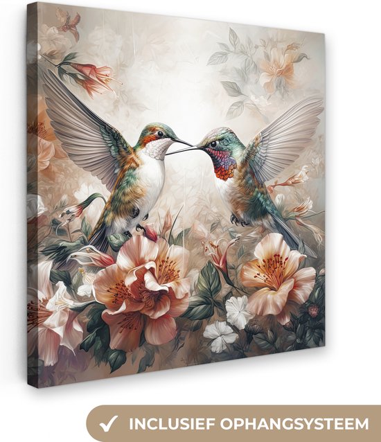 Canvas Schilderij Kolibrie - Vogels - Bloemen - Natuur - 50x50 cm - Wanddecoratie