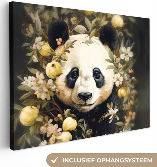 Canvas Schilderij Panda - Pandabeer - Wilde dieren - Natuur - Bloemen - 40x30 cm - Wanddecoratie