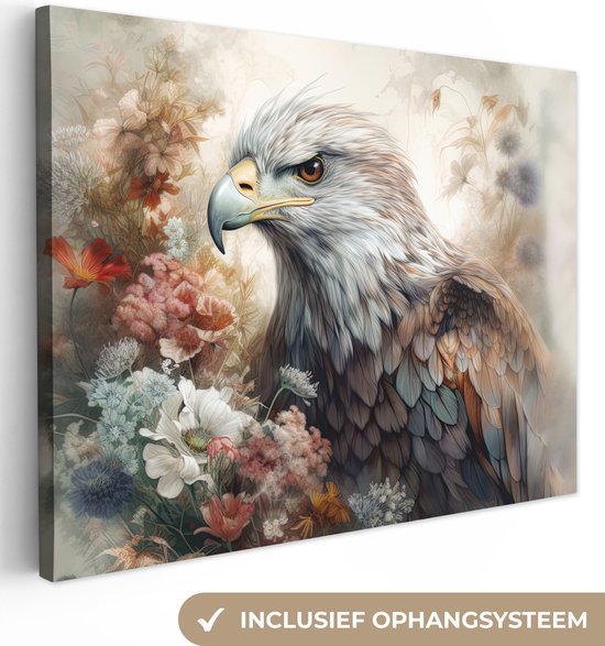 Peinture sur toile 40x30 cm - Décoration murale Aigle - Aigle - Vogel - Fleurs - Nature - Décoration murale murale salon - Décoration chambre - Accessoires de chambre - Peintures