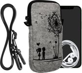 kwmobile Tasje voor smartphones XXL - 7" - Hoesje van vilt in zwart / lichtgrijs - Phone case met nekkoord - Paardenbloemen Liefde design
