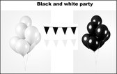 Black and white party set - 2x vlaggenlijn zwart en wit - 100x Luxe Ballonnen zwart/wit - Festival thema feest party verjaardag gala jubileum
