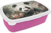 Broodtrommel Roze - Lunchbox - Brooddoos - Panda - Dieren - Bloemen - Planten - 18x12x6 cm - Kinderen - Meisje