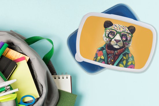 Lunch box Blauw - Lunch box - Boîte à pain - Panda - Verres - Fleurs - Hippie - 18x12x6 cm - Enfants - Garçon