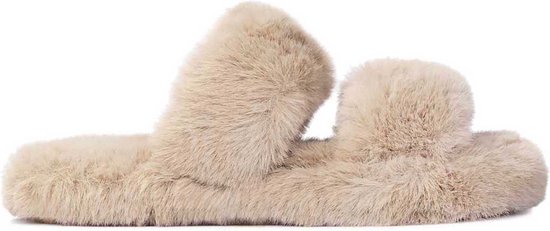 Harige muiltjes voor dames in neutraal beige bol