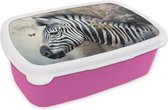 Broodtrommel Roze - Lunchbox - Brooddoos - Zebra - Wilde dieren - Vlinder - Bloemen - 18x12x6 cm - Kinderen - Meisje