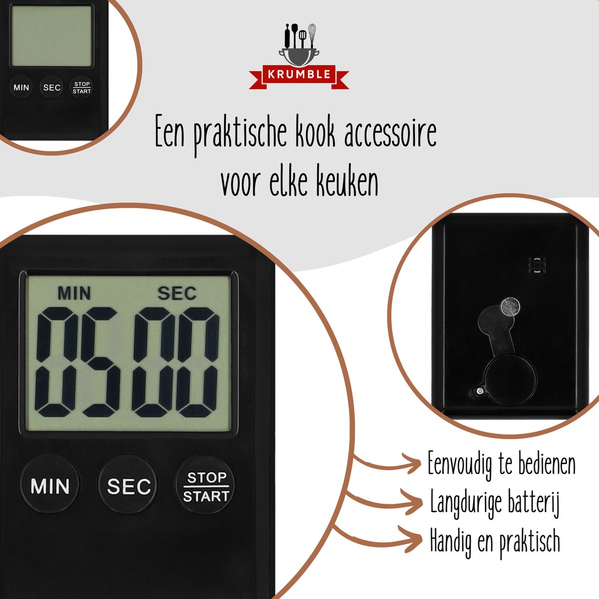 Krumble Mini Kookwekker – Digitale Timer – Kleine Kookwekker – Keukenwekker – Zachte Alarmtoon – Met Magneet – Compact – Zwart — cadeau in Kookcadeaus - foto 7