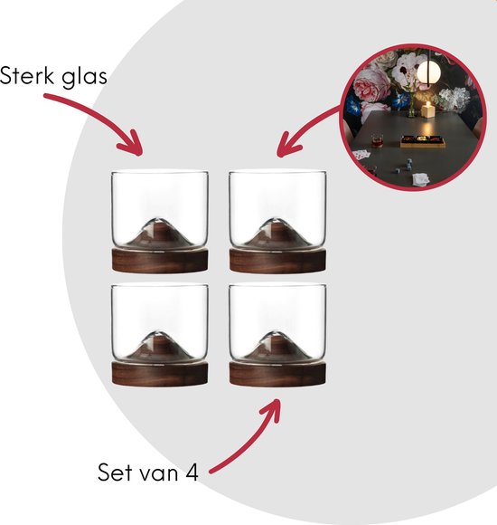 Verre à whisky Aretica - Set de 4 - 250 ml - Y compris sous-verre - Coffret cadeau whisky - Verres - Verres à Verres à whisky - Marron - Glas - Bois - 7,3 x 7,3 x 7 cm