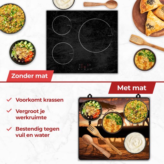 KitchyMist Inductie Beschermer 60x52 cm - Olifanten Familie in de Savanne bij Zonsondergang - Kookplaat Beschermer - Afdekplaat voor Kookplaat - Inductie Mat - Spatscherm Achterwand Keuken