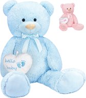 BRUBAKER - XXL teddybeer 100 cm met Hello Baby Hart - Babyshower cadeau voor pasgeborenen jongens - knuffeldier knuffeldier pluche dier - blauw lichtblauw