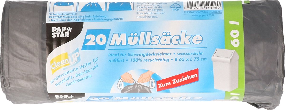 Goedkoopste Zwarte Vuilniszakken | Trekband | 20Zakken | 60 Liter | LDPE | 65cm x 75cm - (Zwarte Afvalzakken met Trekband voor Afvalbak 60 Liter
