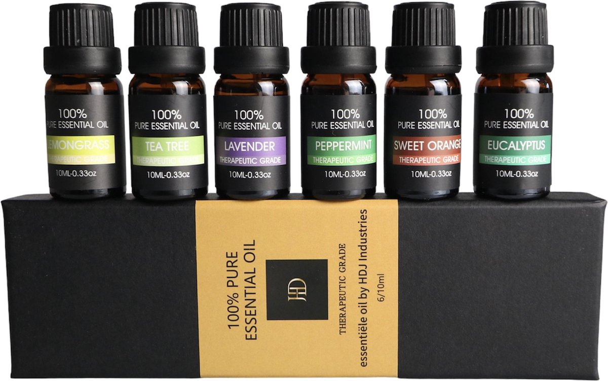 Goedkoopste HDJ Premium Essentiële Oliën Set 100 Natuurlijk - 6 x 10ML - Aromatherapie - Geschikt voor Aroma diffusers, Sauna en Bad - Therapeutische basis - Etherische Oliën - Giftset - De Perfecte Mix
