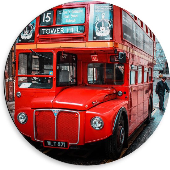 Dibond Muurcirkel - Traditionele Rode Toeristenbus door de Straten van Londen - 50x50 cm Foto op Aluminium Muurcirkel (met ophangsysteem)