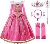 Prinsessenjurk Meisje - Roze Jurk - Verkleedkleren Meisje - maat 116/122 (120) - Prinsessen Verkleedkleding - Kroon - Toverstaf - Handschoenen - Carnavalskleding Kinderen - Kleed - Verjaardag meisje - Cadeau meisje