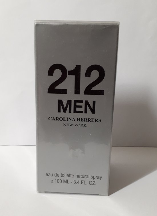 Grijze doos met '212 MEN' en 'Carolina Herrera New York' in zwarte letters. 'eau de toilette natural spray e 100 ml - 3.4 FL. OZ.' onderaan.