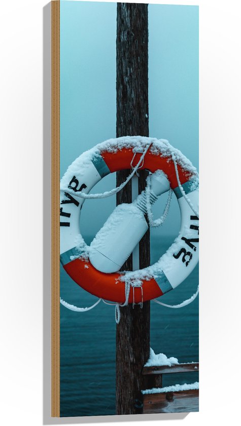 Hout - Ondergesneeuwde Reddingsboei op Pier boven de Zee - 40x60 cm - 9