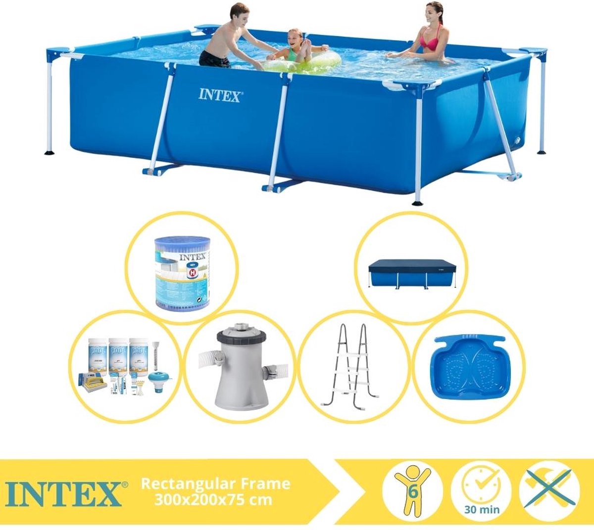 Intex Rectangular Frame Zwembad – Opzetzwembad – 300x200x75 cm – Inclusief Afdekzeil, Onderhoudspakket, Zwembadpomp, Filter, Trap en Voetenbad