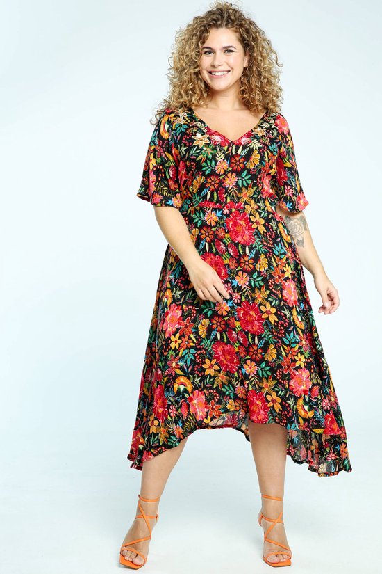 Paprika Lange jurk in viscose met bloemenprint en borduurwerk aan de kraag bol