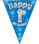 slinger 1 jaar jongen (vlaggenlijn hologram) eerste verjaardag blauw