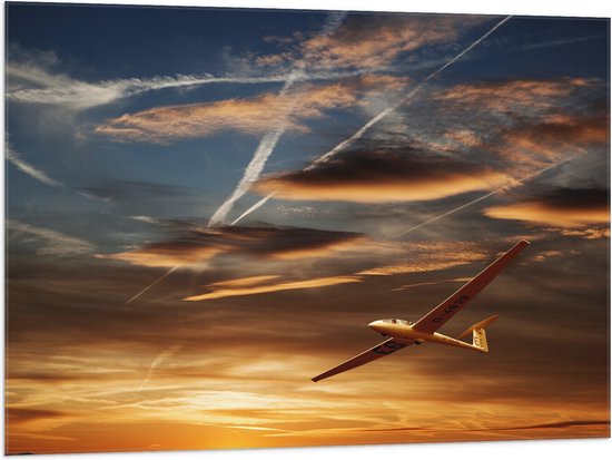 Vlag - Wit Zweefvliegtuig Vliegend tijdens Zonsondergang - 100x75 cm Foto op Polyester Vlag