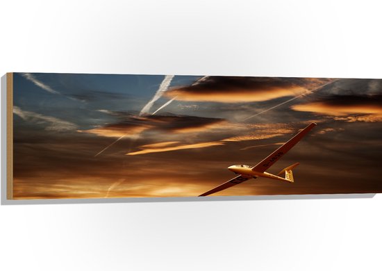 Hout - Wit Zweefvliegtuig Vliegend tijdens Zonsondergang - 120x40 cm - 9 mm dik - Foto op Hout (Met Ophangsysteem)