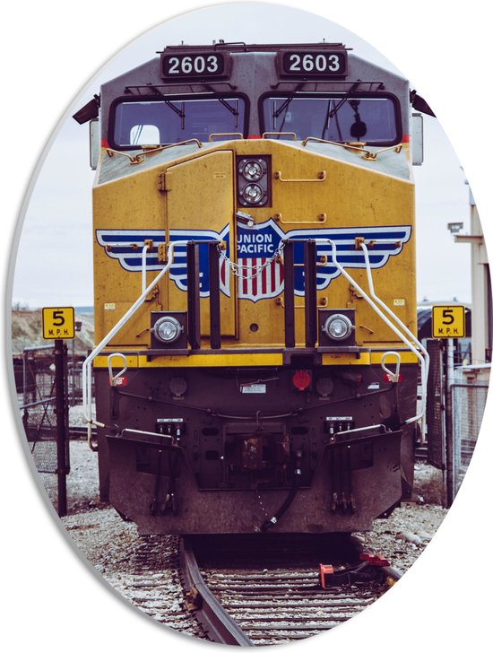 PVC Schuimplaat Ovaal - Gele Trein Rijdend over het Spoor - 30x40 cm Foto op Ovaal (Met Ophangsysteem)