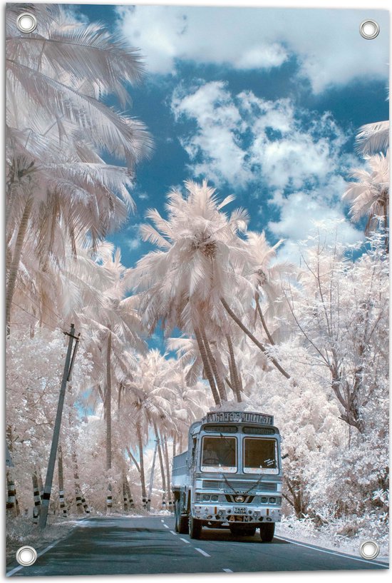 Tuinposter – Wit Busje Rijdend tussen de Witte Palmbomen onder Schapenwolken - 40x60 cm Foto op Tuinposter (wanddecoratie voor buiten en binnen)