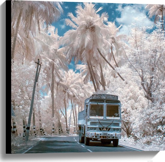 Canvas - Wit Busje Rijdend tussen de Witte Palmbomen onder Schapenwolken - 60x60 cm Foto op Canvas Schilderij (Wanddecoratie op Canvas)