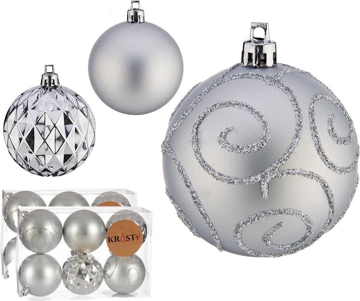 Krist+ gedecoreerde kerstballen - 12x stuks - zilver - kunststof - 6 cm