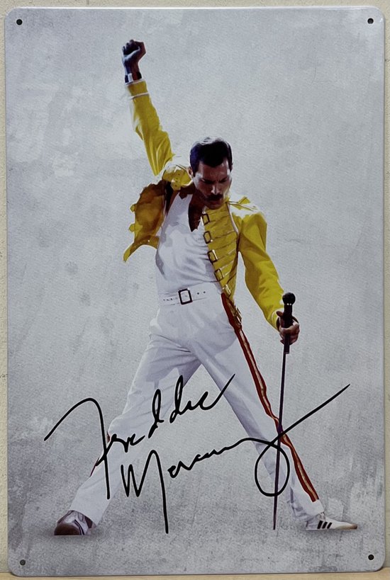 Freddie Mercury Queen met microfoon wit Reclamebord van metaal METALEN-WANDBORD - MUURPLAAT - VINTAGE - RETRO - HORECA- BORD-WANDDECORATIE -TEKSTBORD - DECORATIEBORD - RECLAMEPLAAT - WANDPLAAT - NOSTALGIE -CAFE- BAR -MANCAVE- KROEG- MAN CAVE