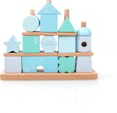 Liebelini - houten speelgoed - blokken huis - stapelblokken - blauw mintgroen