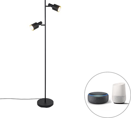 QAZQA stijn - Lampadaire Smart LED moderne à intensité variable | Lampe sur pied avec WiFi avec variateur - 2 lumières - H 156 cm - Zwart - Salon | Chambre à coucher