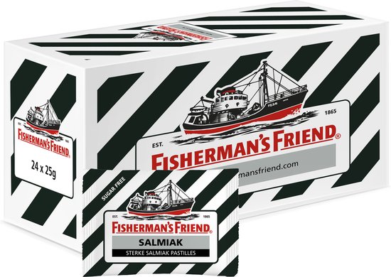 Doos Fisherman's Friend Salmiak, 24 zakjes x 25g. Met afbeelding van een vissersboot.