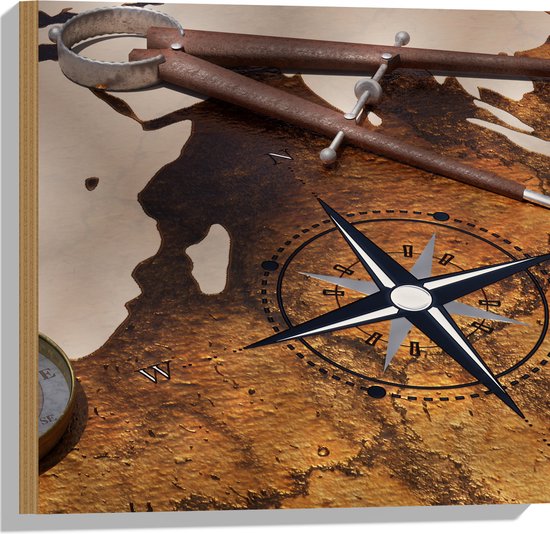 Hout - Kompas op Wereldkaart - 50x50 cm - 9 mm dik - Foto op Hout (Met Ophangsysteem)
