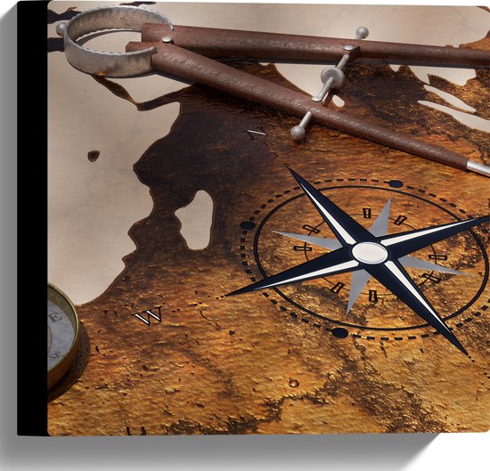 Canvas - Kompas op Wereldkaart - 30x30 cm Foto op Canvas Schilderij (Wanddecoratie op Canvas)